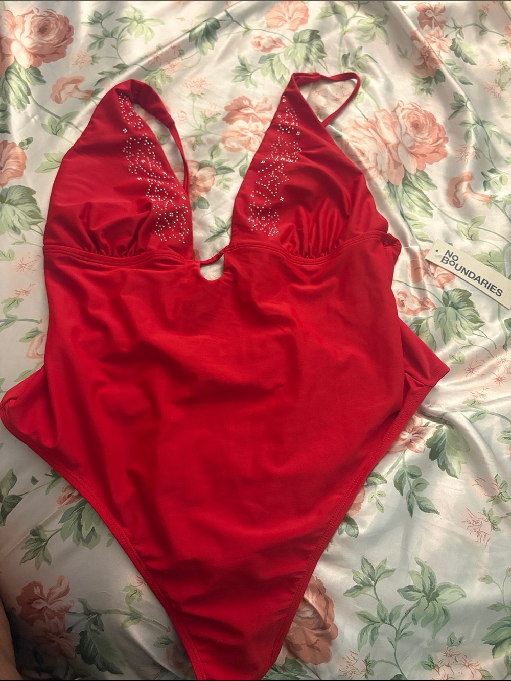 No Boundaries Red One-Piece Swimsuit with Rhinestone Detail